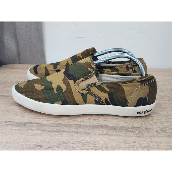 SEAVEES Men 9.5 Green Camo Hawthorne Classic Shoes Slip on Deck Sneakers Casual - Picture 5 of 10